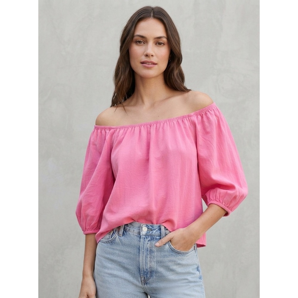 Topshop Pink Boho Off the Shoulder Puff Sleeve Linen Blend Peasant Blouse US 8